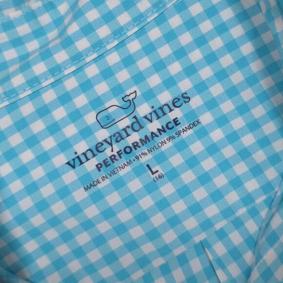 Vineyard Vines Performance Women’s L (16) Shirt Gingham Check Turquoise Aqua - Picture 2 of 9